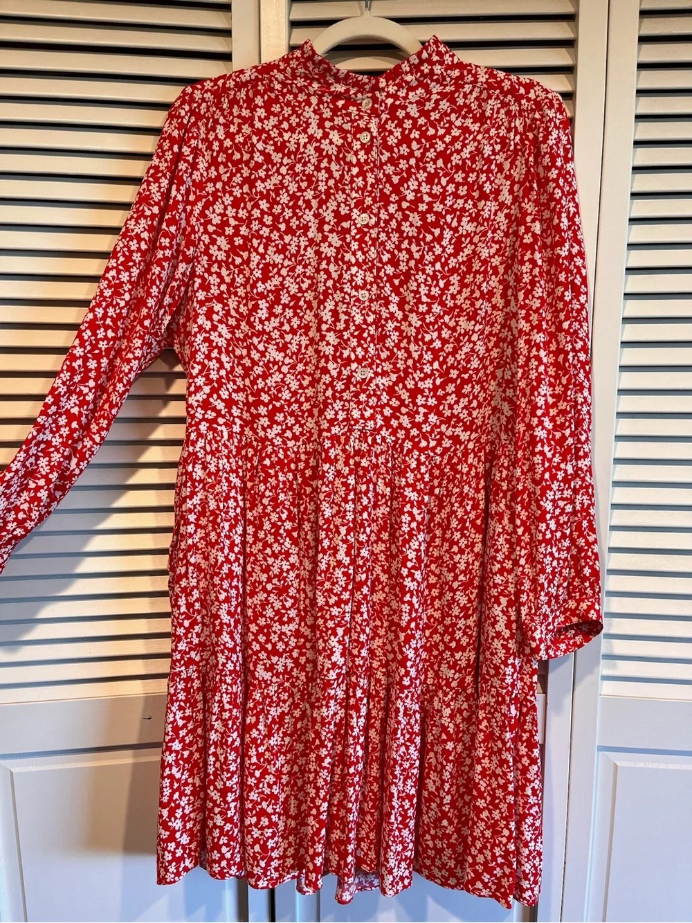 J. Crew Red and White Floral Long-Sleeve Tiered Dress